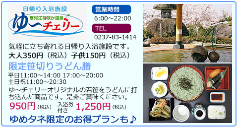 ゆ～チェリー　気軽に立ち寄れる日帰り入浴施設です。　大人　350円（税込）　子供　150円（税込）　限定笹切りうどん膳　平日　11:00～14:00　17:00～20:00　土曜日曜祝日　11:00～20:30　ゆ～チェリーオリジナルの若笹をうどんに打ち込んだ商品です。是非ご賞味ください。　950円（税込）　入浴券付き　1,250円（税込）　ゆめタネ限定のお得プランも♪