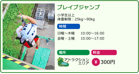 ブレイブジャンプ　小学生以上　体重制限：25kg～90kg　時間　日曜～木曜　10：00～16：00　金曜、土曜　10：00～17：00　場所　アトラクションエリア　料金　300円