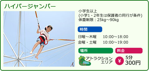 ハイパージャンパー　小学生以上(小学1・2年生は保護者の同行が条件)　体重制限：25kg～90kg　時間　日曜～木曜　10：00～18：00　金曜、土曜　10：00～19：00　場所　アトラクションエリア　料金　5分300円