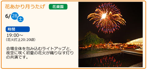 花あかり月うたげ　日にち　6月28日（土曜）　場所　花楽園　時間　19：00～（花火打上20：20頃）　会場全体を包み込むライトアップと、夜空に咲く初夏の花火が織りなす灯りの共演です。